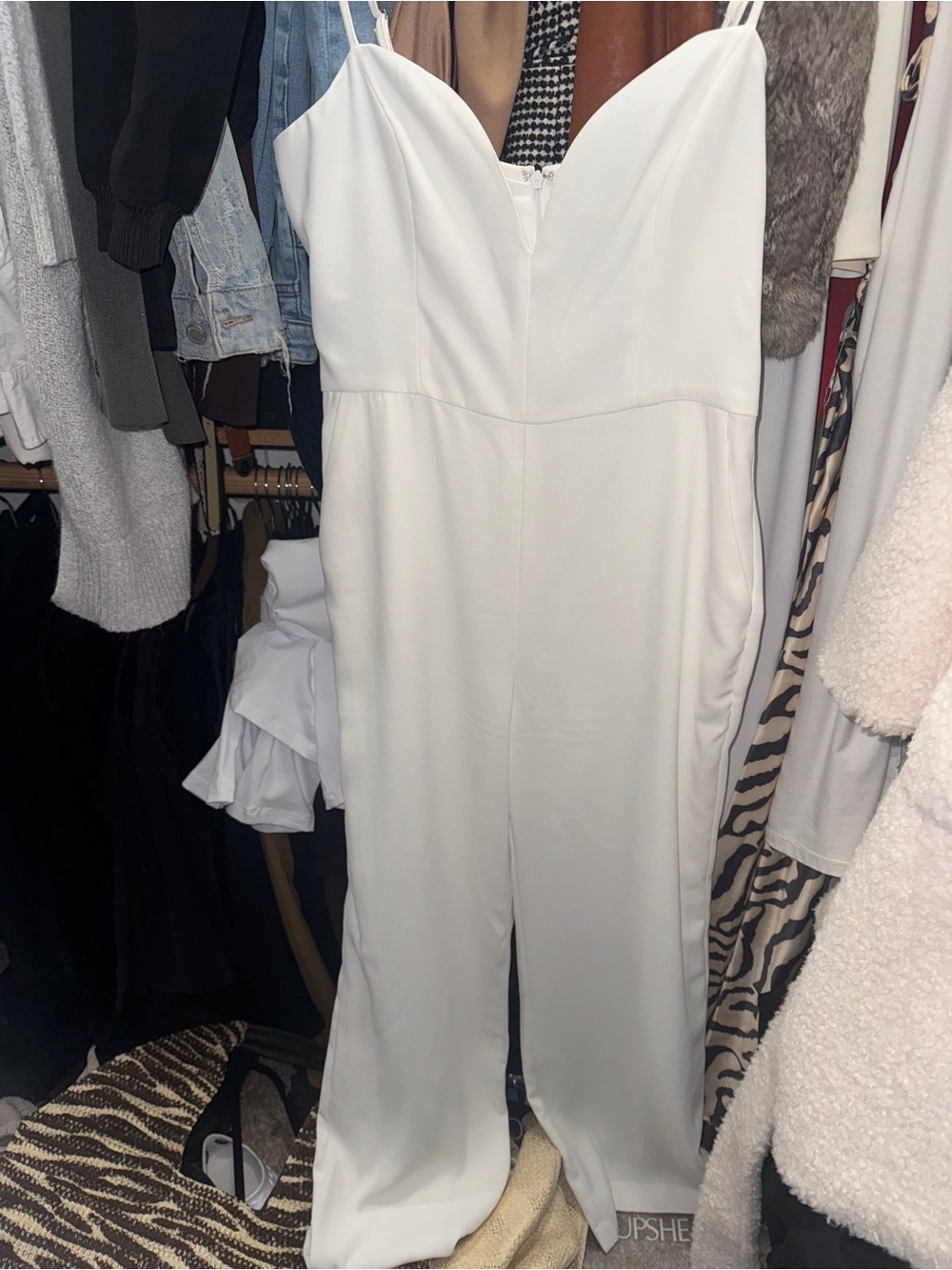 BCBG White V-Neck Spaghetti Strap Jumpsuit
